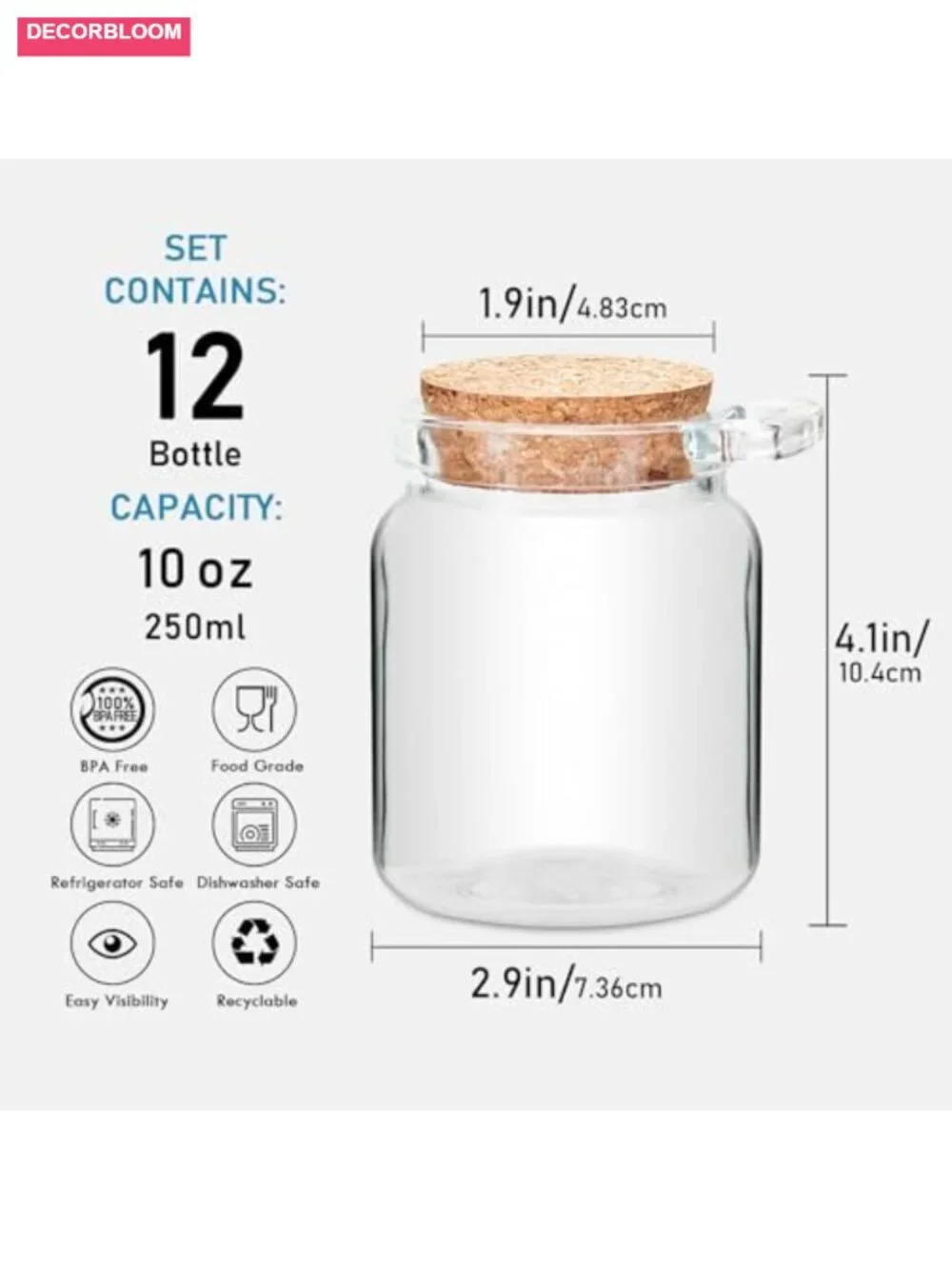 10oz Glass Storage Jars with Cork Lids & Spoons - 12 Pack for Pantry, Spices,